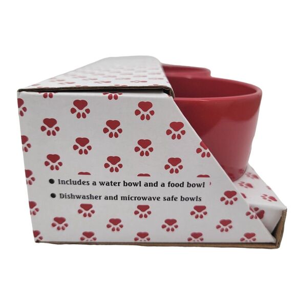 Two 2 Piece Pet Bowl Set Red Christmas Reindeer Water Food Cat Dog Ceramic NEW - Picture 3 of 5